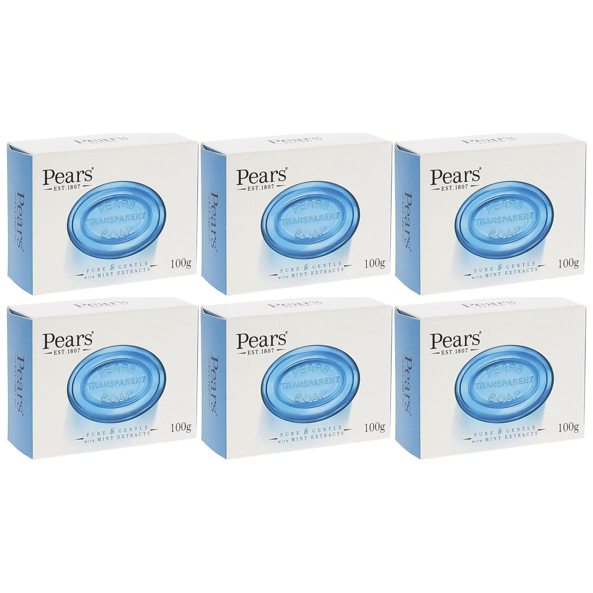 6x Pears 100g Transparent Bar Soap Bulk Pack - Pure & Gentle with Mint Extracts