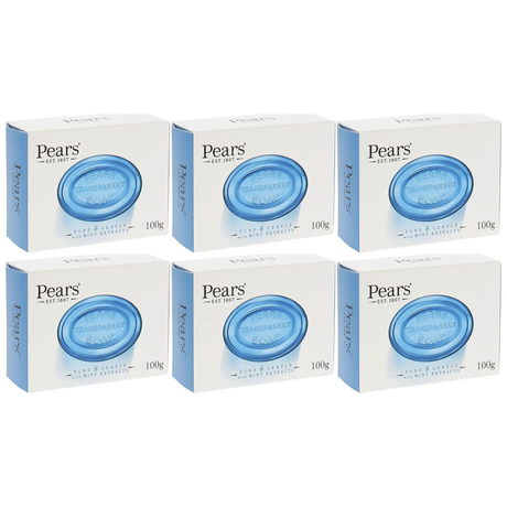 6x Pears 100g Transparent Bar Soap Bulk Pack - Pure & Gentle with Mint Extracts