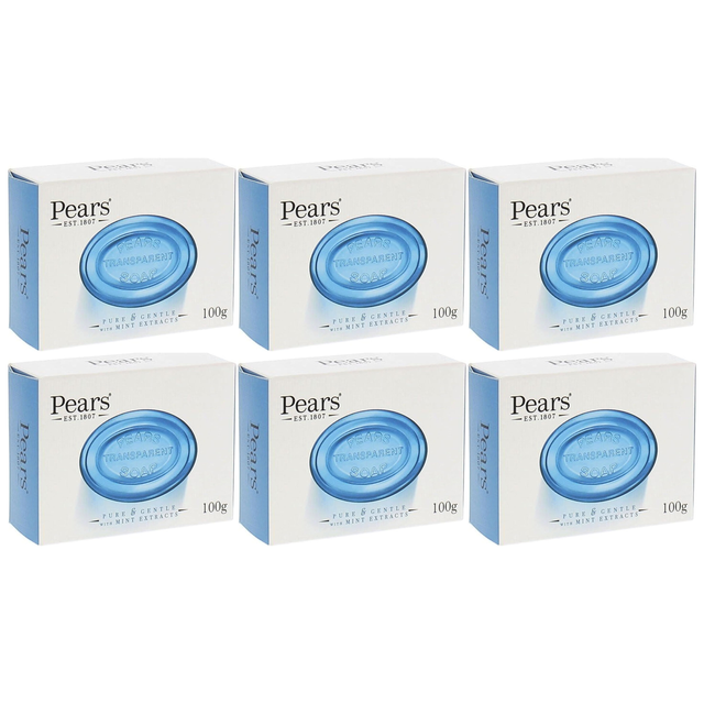 6x Pears 100g Transparent Bar Soap Bulk Pack - Pure & Gentle with Mint Extracts