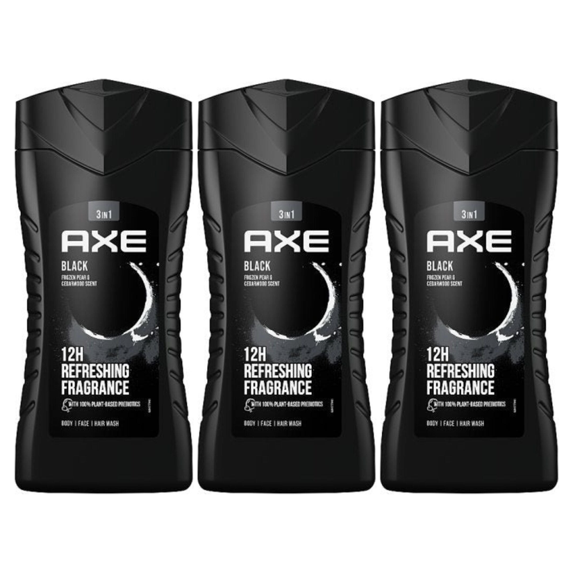 3x Axe 250ml Black 3-in-1 Body, Face & Hair Wash Pack - Green Fruit Sage
