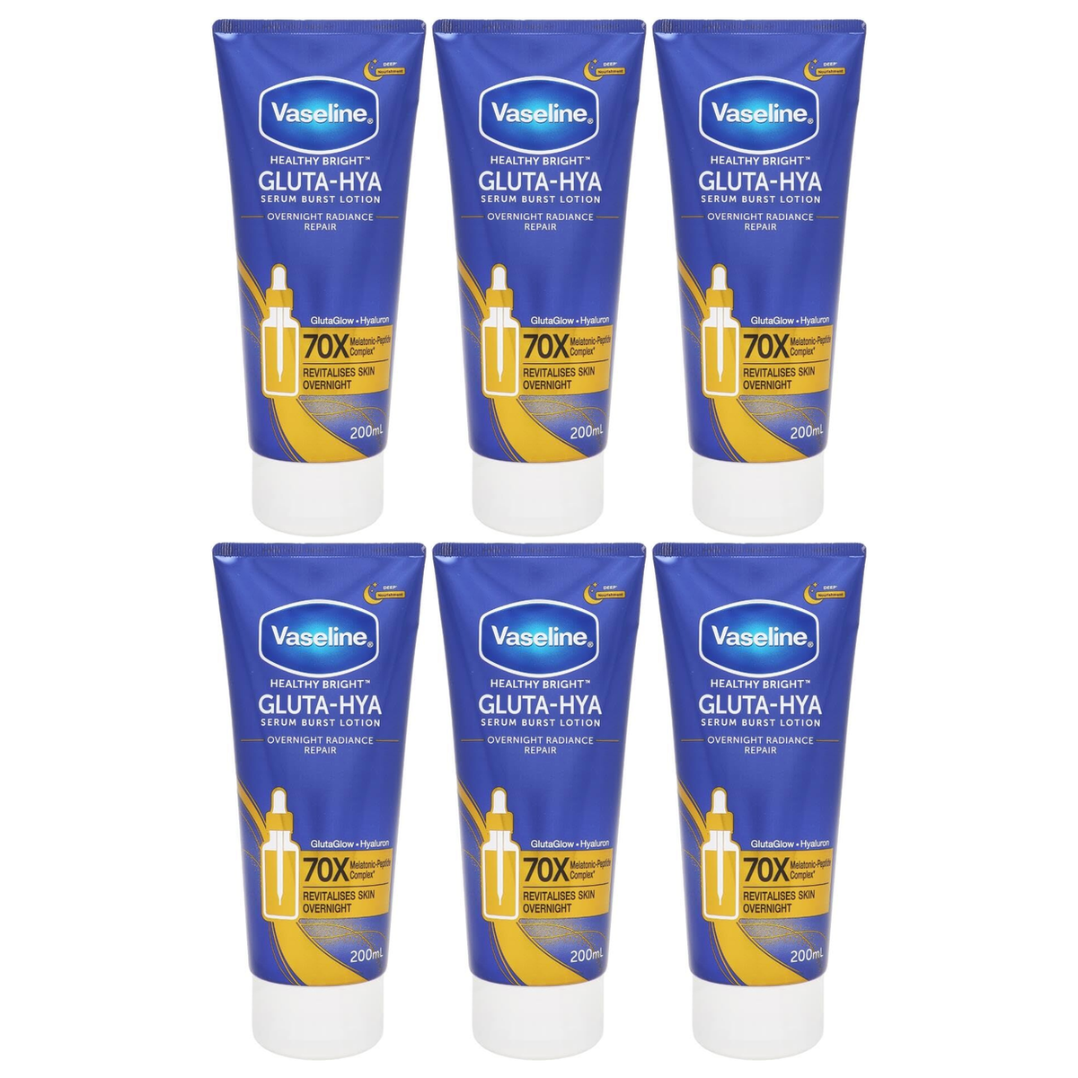 6x Vaseline 200ml Serum Burst Body Lotion Bulk Pack - Healthy Bright Gluta-Hya Overnight Repair