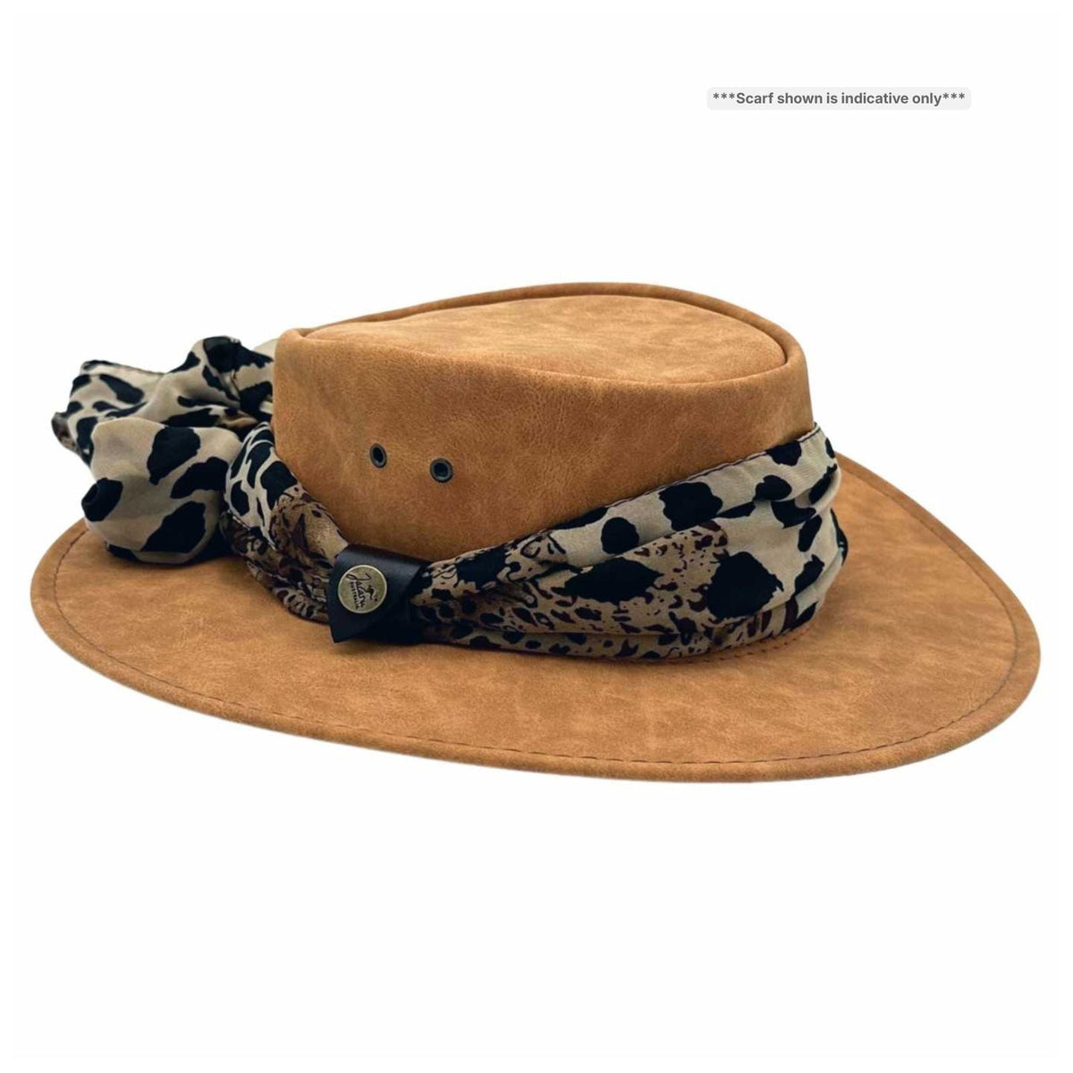 Jacaru 1103 Alice Womens Vegan Leather Hat with Scarf - Water Repellent & UPF 50+ (Made in Australia)