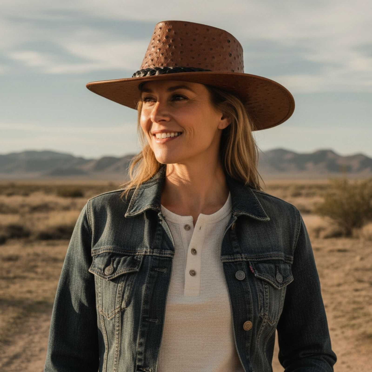 Jacaru 9016 Ostrich Leather Hat - Auburn Brown (Water Resistant & UPF 50+ Made in Australia)