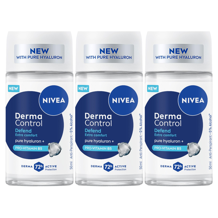 3x Nivea Womens Derma Control 72H Roll-On Antiperspirant Deodorant Pack - 50ml