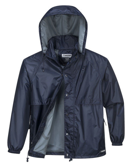 HUSKI STRATUS RAIN JACKET Waterproof Workwear Concealed Hood Windproof Packable - Navy Blue