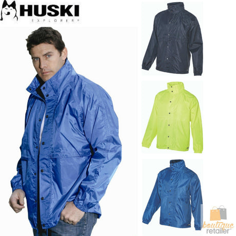 HUSKI STRATUS RAIN JACKET Waterproof Workwear Concealed Hood Windproof Packable - Black