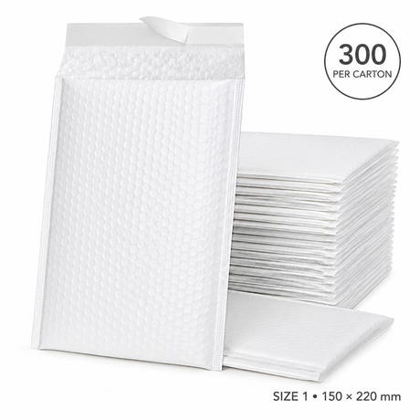 300x White Poly Bubble Mailers Padded Cushioned Postage Envelope - "Size 1" (150mm x 220mm)