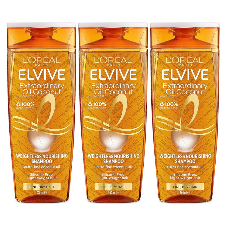 3x 300ml L'Oréal Elvive Extraordinary Oil Coconut Weightless Nourishing Shampoo Pack - Fine Dry Hair