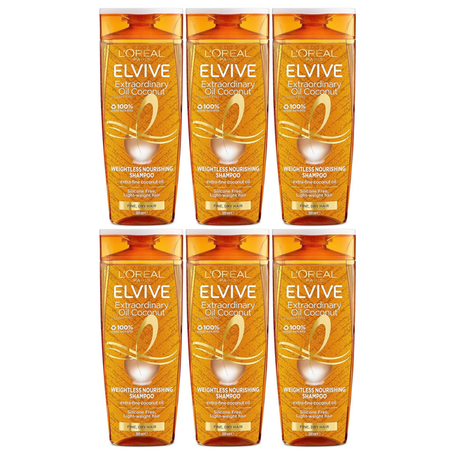 6x 300ml L'Oréal Elvive Extraordinary Oil Coconut Weightless Nourishing Shampoo Bulk Pack - Fine Dry Hair