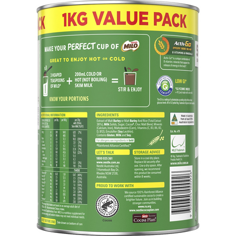1kg Nestle Milo Malt Chocolate Drinking Powder Hot or Cold - Product of Australia (Fresh Batch)