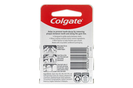 Colgate Total Tartar Control Dental Floss Mint Waxed Plaque Removal - 25m