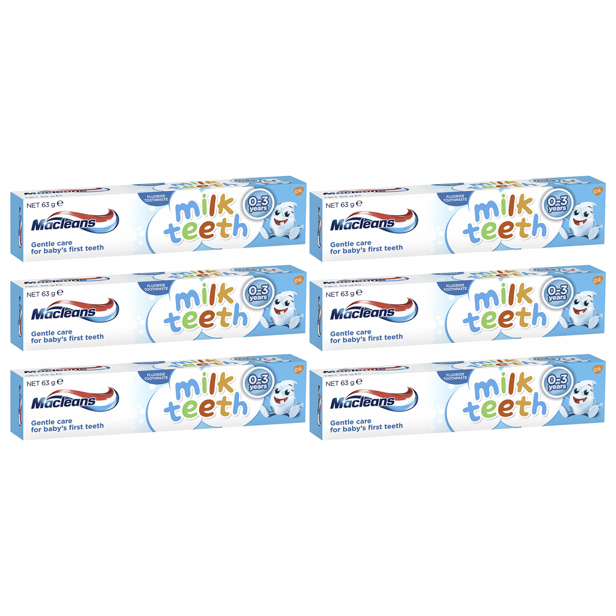 6x Macleans 63g Fluoride Milk Teeth Toothpaste Bulk Pack - Gentle Care (Babies 0-3 Years)
