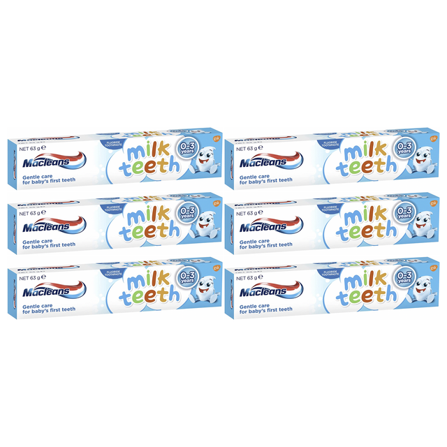 6x Macleans 63g Fluoride Milk Teeth Toothpaste Bulk Pack - Gentle Care (Babies 0-3 Years)