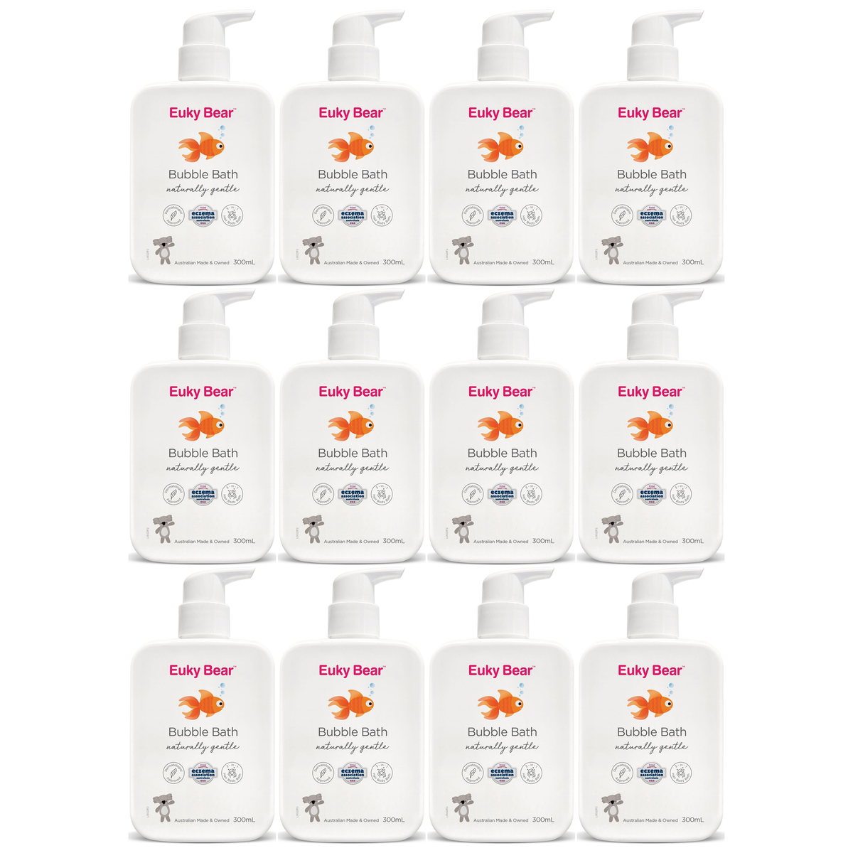 12x Euky Bear 300ml 3-in-1 Kids Bubble Bath Bulk Pack - Hair, Body & Bath (Sensitive Skin)