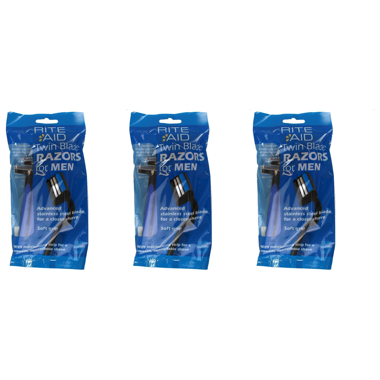 3x Rite Aid Mens Twin Blade Razors Advanced Stainless Steel Pack - Soft Grip (5 Pack)