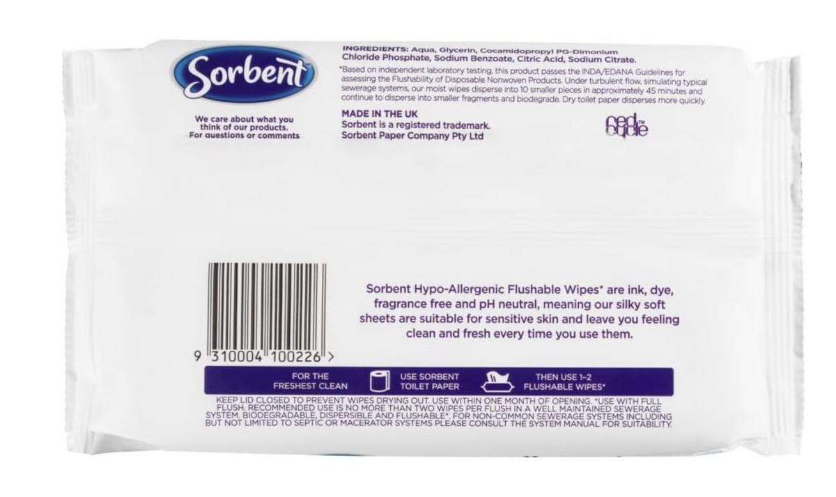 14x Sorbent Clean and Fresh Flushable Wet Wipes Bulk Pack - Hypo Allergenic (560 Pieces Total)