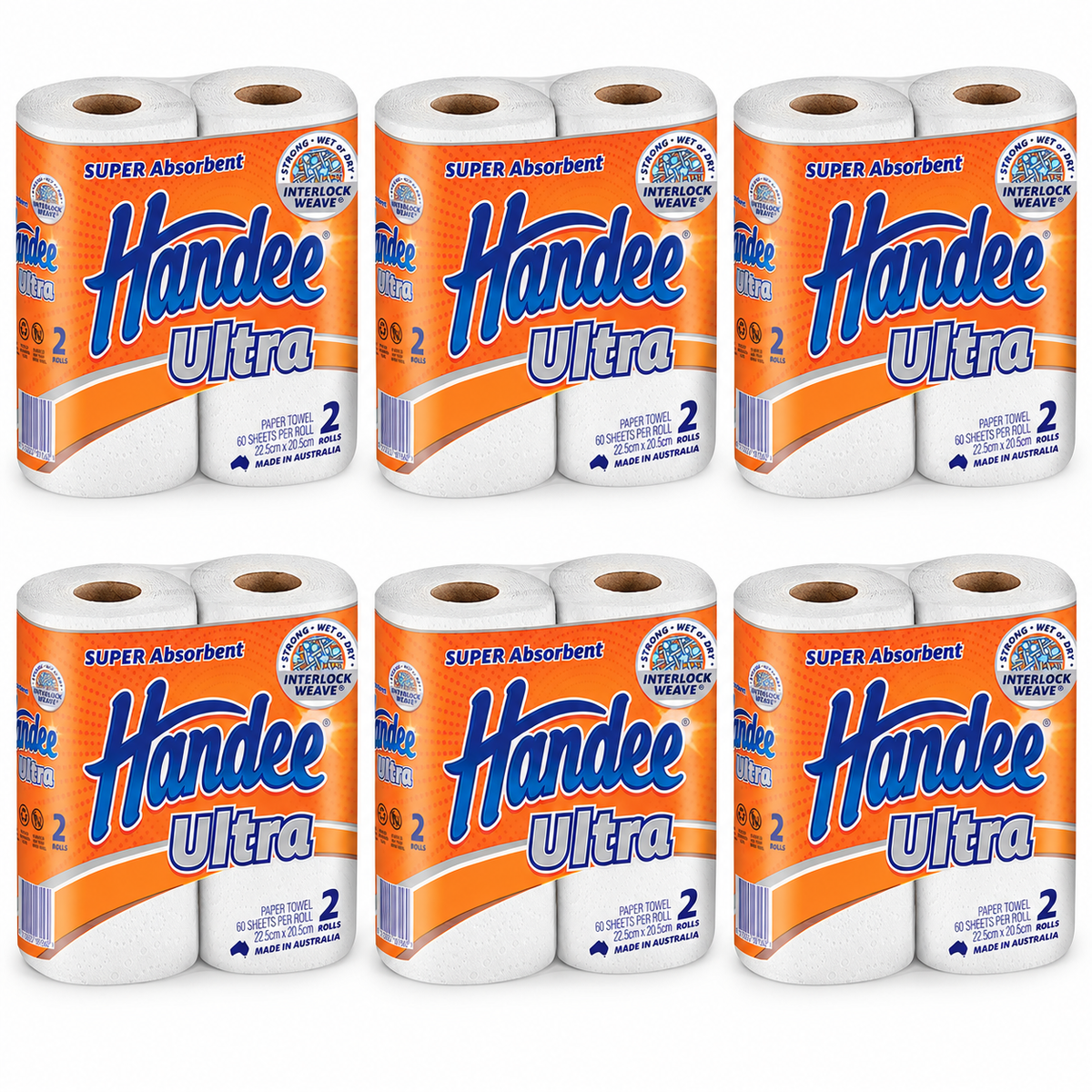 6x Handee Ultra Paper Towels 2-Pack Bulk - White (12 Rolls Total)