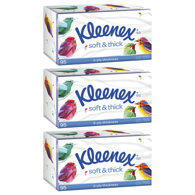 3x Kleenex Soft & Thick 3-Ply Facial Tissues Pack - 95 Sheet Pack