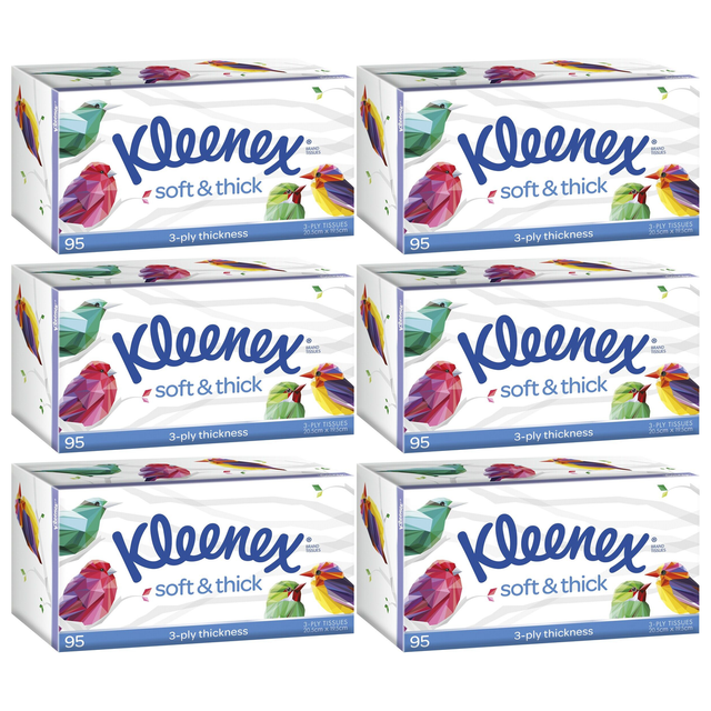 6x Kleenex Soft & Thick 3-Ply Facial Tissues Bulk Pack - 95 Sheet Pack