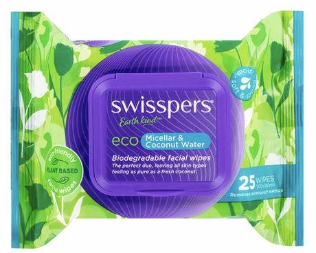 Swisspers Eco Biodegradable Facial Wipes - Micellar & Coconut Water  - 25 Pack