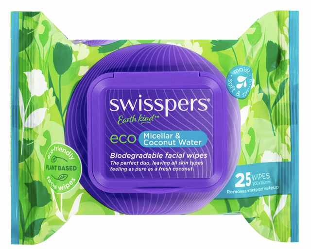Swisspers Eco Biodegradable Facial Wipes - Micellar & Coconut Water  - 25 Pack