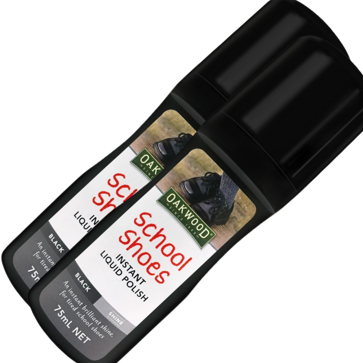 2x 75ml Oakwood School Shoes Instant Liquid Polish Pack -  Black Shine
