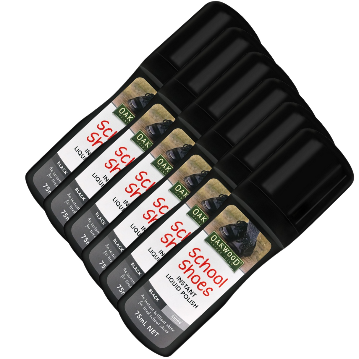 6x 75ml Oakwood School Shoes Instant Liquid Polish Bulk Pack -  Black Shine