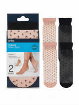 anko 2-Pairs "Sheer Spot" Anklets Socks in Black/Natural/Pink (One Size)