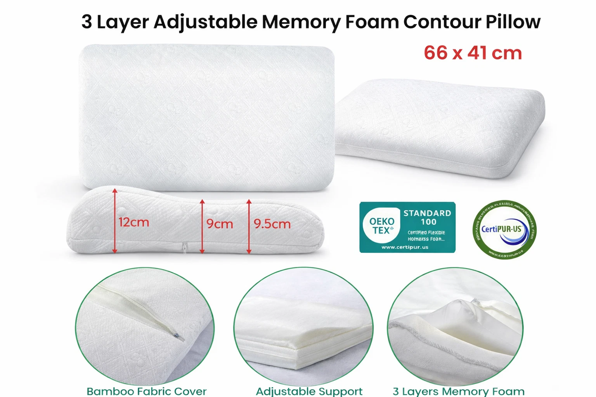 Bamboo Height Adjustable Pillow - 3-Layer Memory Foam (Machine Washable) 41x66cm