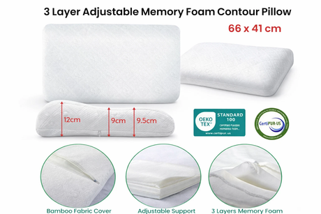 Bamboo Height Adjustable Pillow - 3-Layer Memory Foam (Machine Washable) 41x66cm