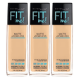 3x Maybelline 30ml Fit Me Matte + Poreless Foundation Pack - 130 Buff Beige
