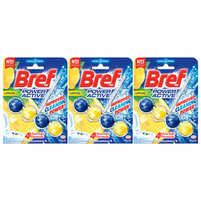 3x Bref Power Active 50g Toilet Rim Block Cleaner Pack - Juicy Lemon (4 Function)
