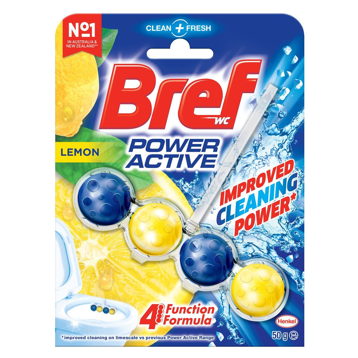 6x Bref Power Active 50g Toilet Rim Block Cleaner Bulk Pack - Juicy Lemon (4 Function)