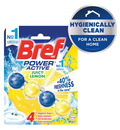3x Bref Power Active 50g Toilet Rim Block Cleaner Pack - Juicy Lemon (4 Function)