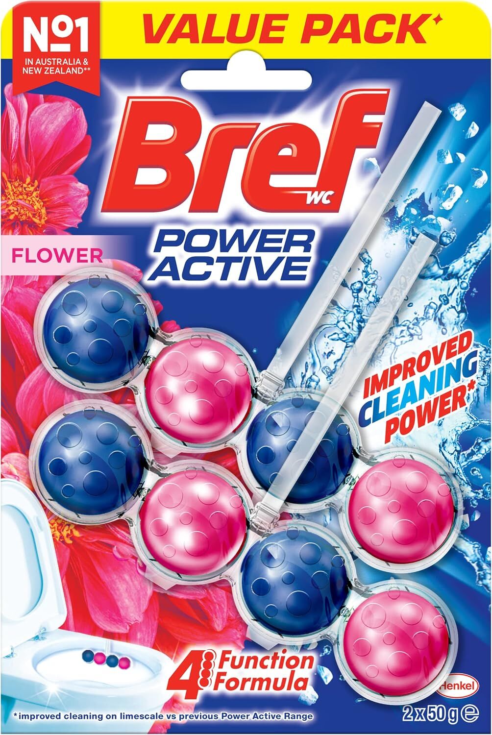 6x Bref Power Active Toilet Rim Block Cleaner 4 Function 2x50g in Flower Blossom