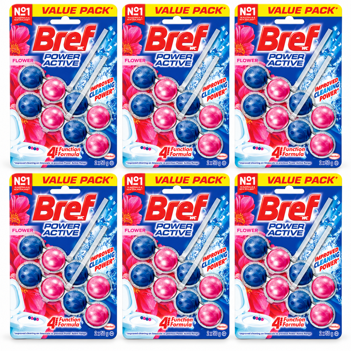 6x Bref Power Active Toilet Rim Block Cleaner 4 Function 2x50g in Flower Blossom