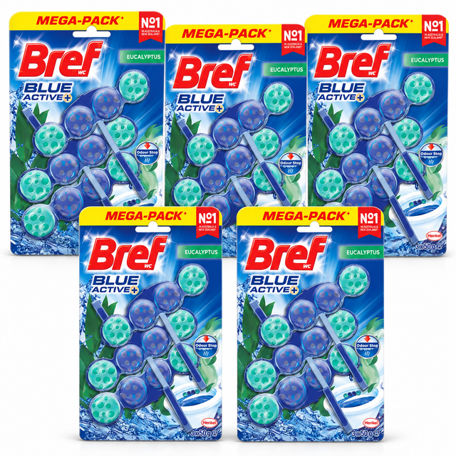 5x Bref 3pk Blue Active Eucalyptus Toilet Rim Block Cleaner 50g
