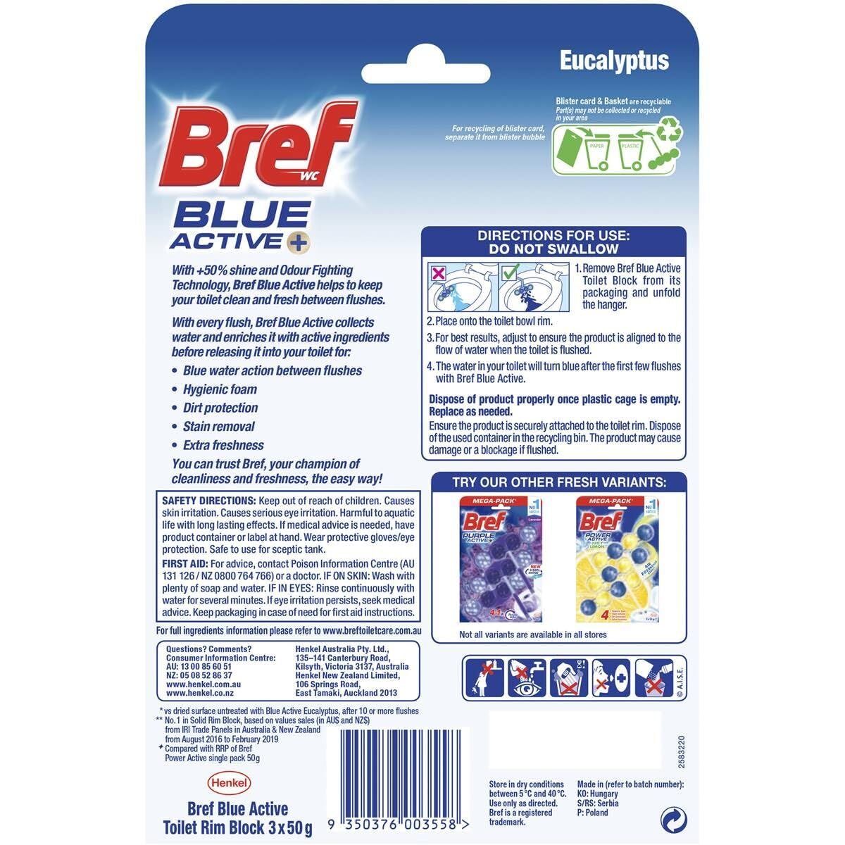 3x 3pk Bref Blue Active 50g Toilet Rim Block Cleaner Pack - Eucalyptus