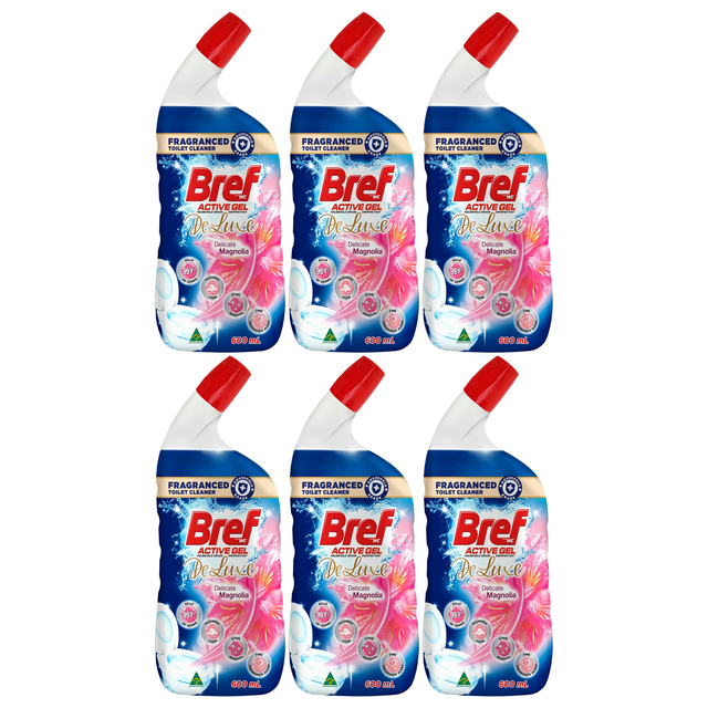6x Bref Active Gel De Luxe 600ml Toilet Cleaner Disinfectant Bulk Pack - Magnolia