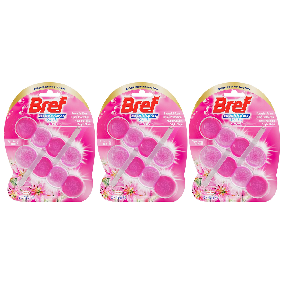 3x Bref Brilliant Gel 84g Toilet Rim Block Cleaner Pack - Spring Rain