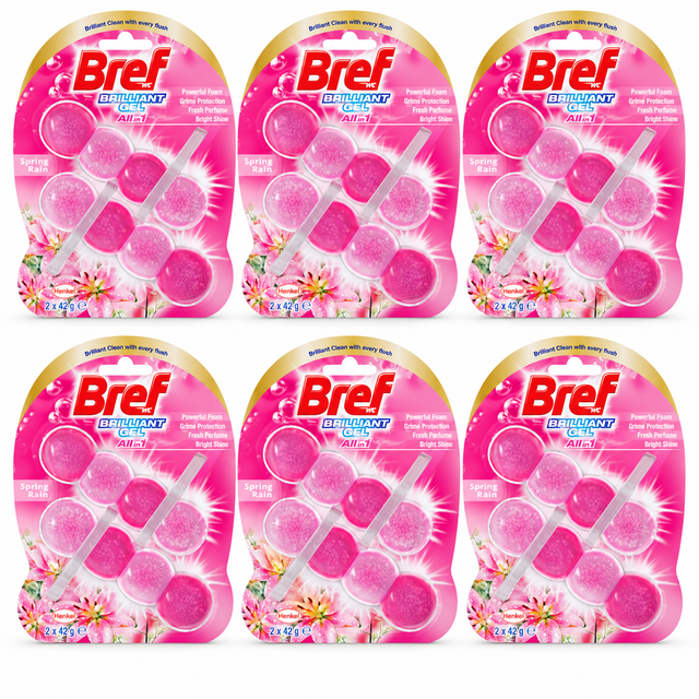 6x Bref Brilliant Gel Toilet Rim Block Cleaner Spring Rain 84g