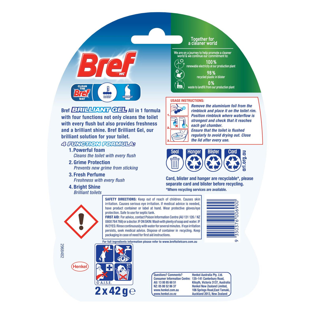 3x Bref Brilliant Gel 84g Toilet Rim Block Cleaner Pack - Spring Rain