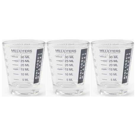 3x Cuisena Mini Cooks Glass 30ml Measuring Cup Pack - Clear Shot Glass (6tsp/2tbsp/1oz)