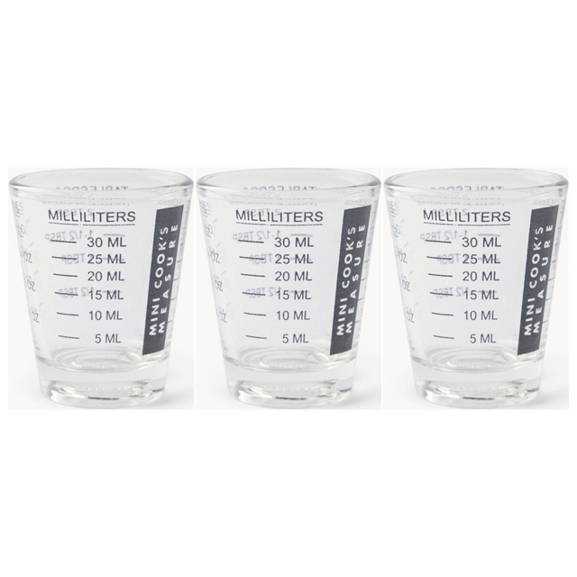 3x Cuisena Mini Cooks Glass 30ml Measuring Cup Pack - Clear Shot Glass (6tsp/2tbsp/1oz)