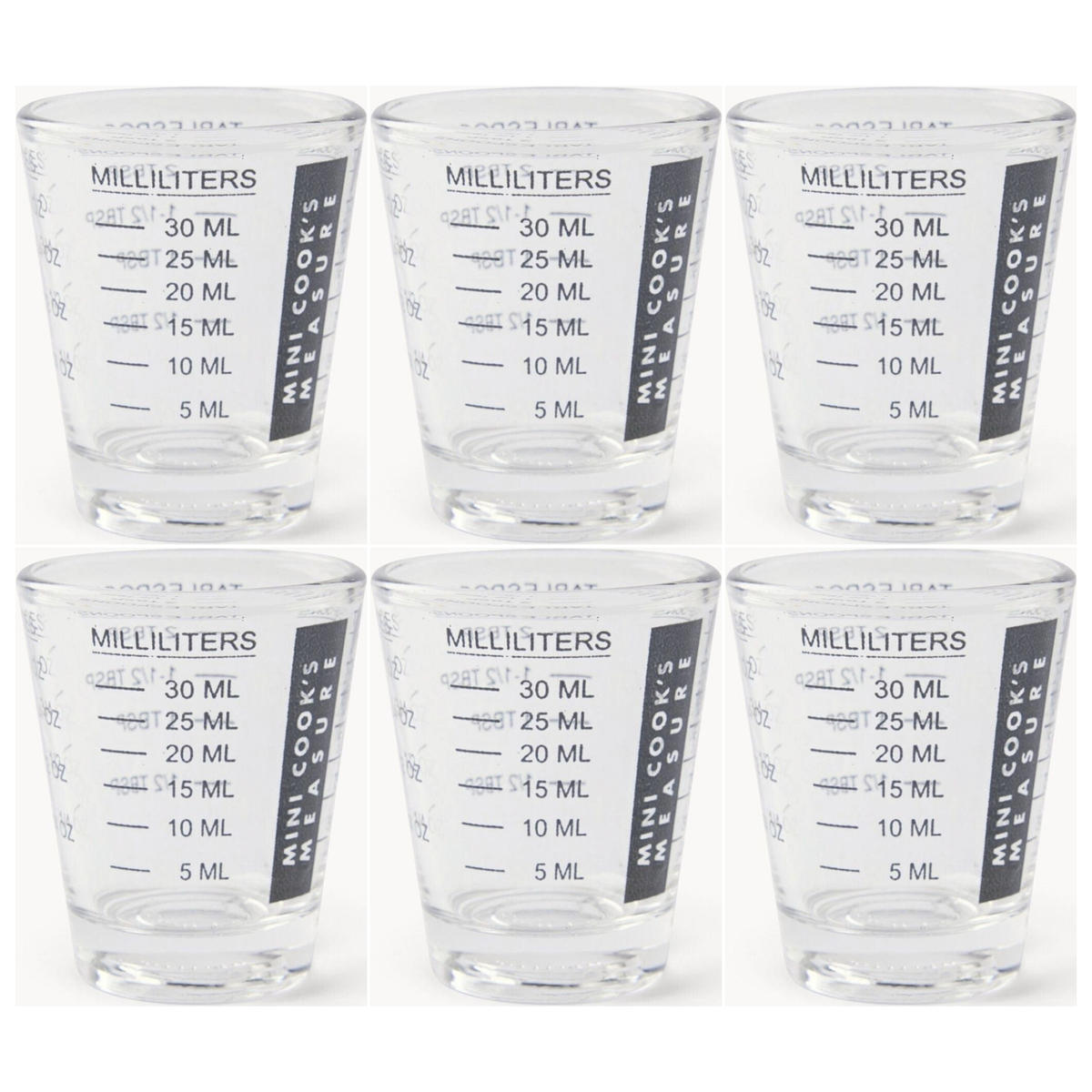 6x Cuisena Mini Cooks Glass 30ml Measuring Cup Bulk Pack - Clear Shot Glass (6tsp/2tbsp/1oz)