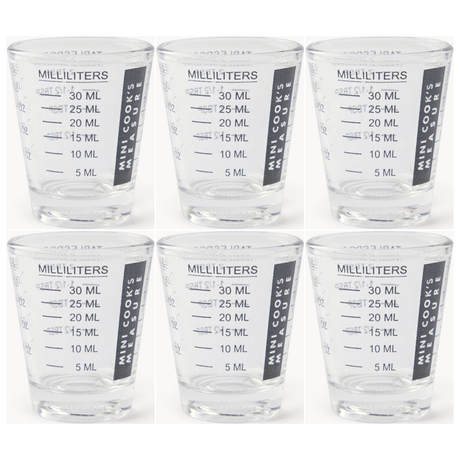 6x Cuisena Mini Cooks Glass 30ml Measuring Cup Bulk Pack - Clear Shot Glass (6tsp/2tbsp/1oz)