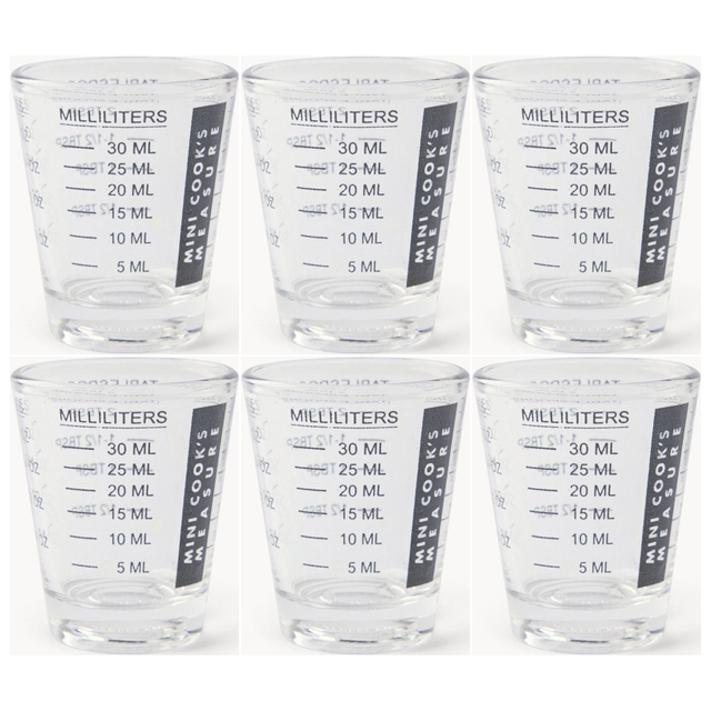 6x Cuisena Mini Cooks Glass 30ml Measuring Cup Bulk Pack - Clear Shot Glass (6tsp/2tbsp/1oz)