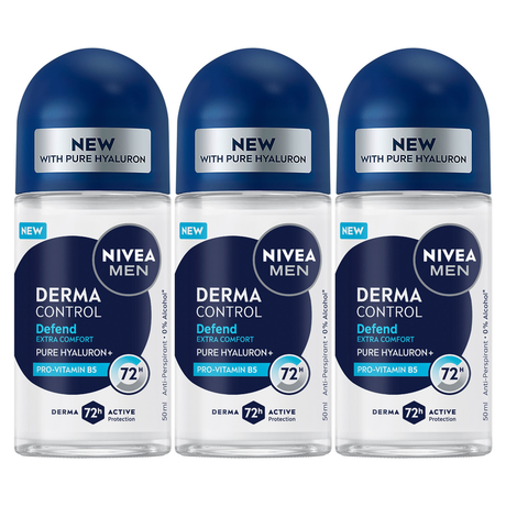 3x Nivea Mens Derma Control 72H Roll-On Antiperspirant Deodorant Pack - 50ml