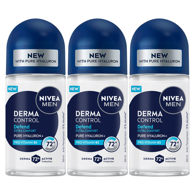 3x Nivea Mens Derma Control 72H Roll-On Antiperspirant Deodorant Pack - 50ml