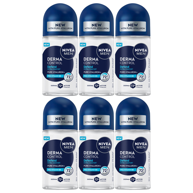 6x Nivea Mens Derma Control 72H Roll-On Antiperspirant Deodorant Bulk Pack - 50ml